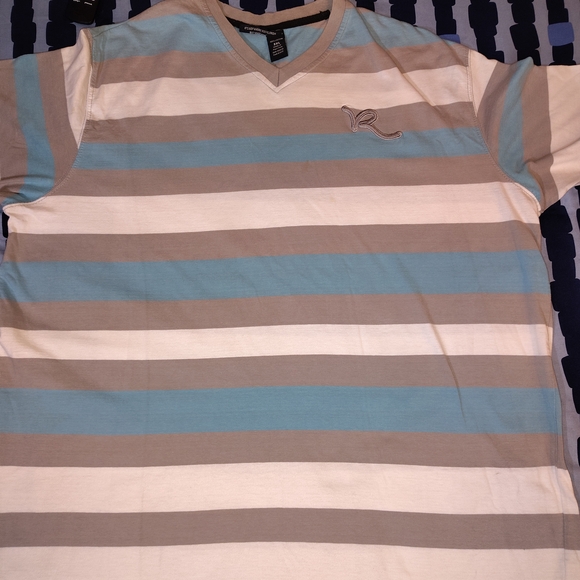 Rocawear Blue and Tan Striped V-Neck Tee - Picture 1 of 6